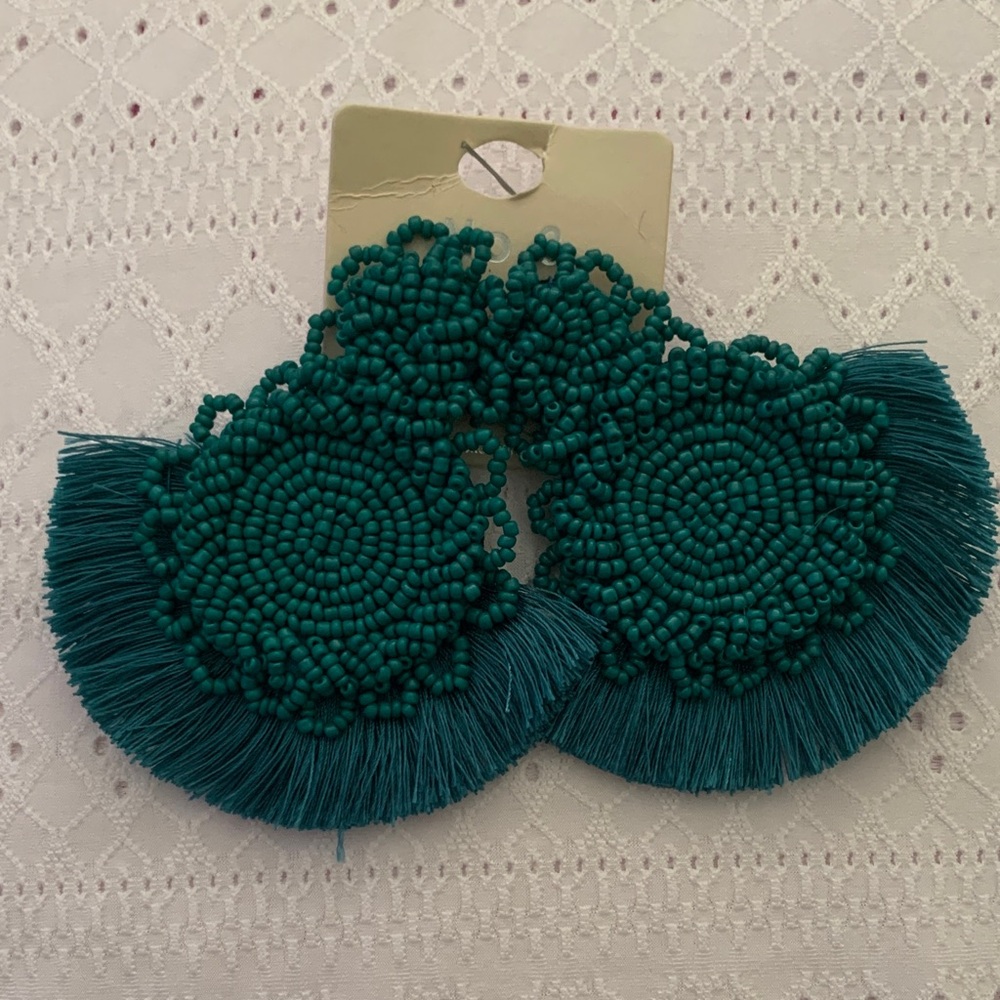 Elegant Teal Beaded Fringe Earrings